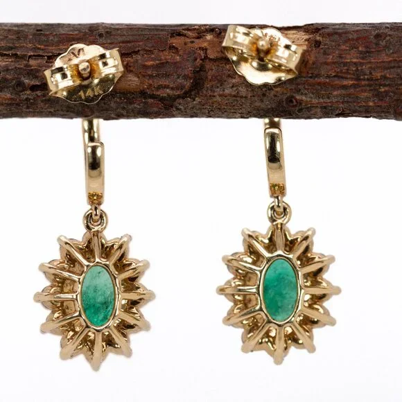 Zambian Emerald Earrings with Natural Diamonds in Solid 14K Gold - Picture 7 of 7